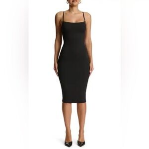 Fitted Ribbed Midi Maxi Black Dress with Slit in Back  Size L